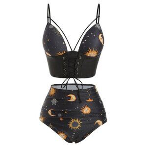 Retro Stage Black 1940s Sun Moon Stars Lace-Up Swimsuit NWT Size XXL Pin-Up